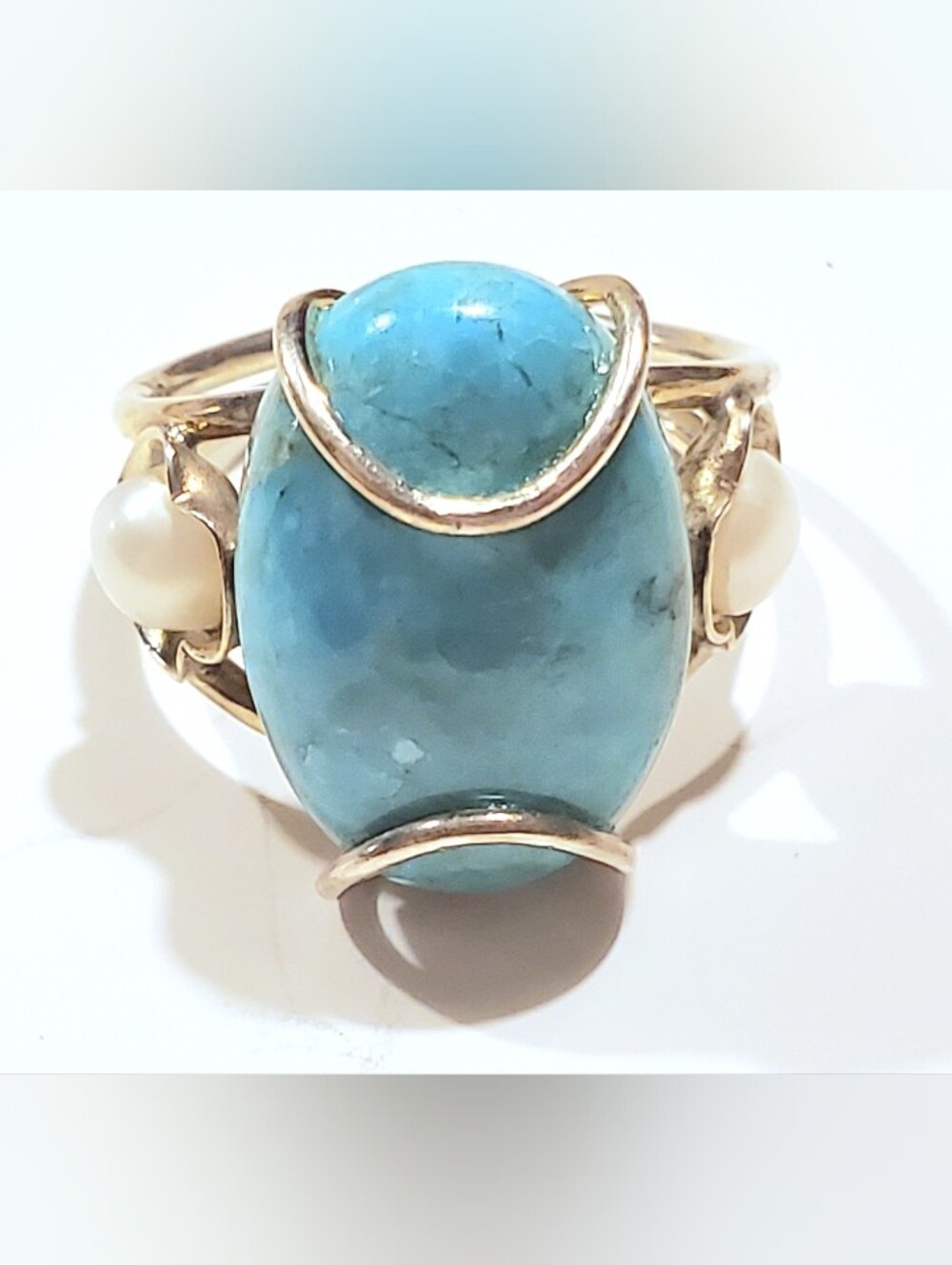 925 Sterling Silver Solitaire Turquoise Pearls Ring Sz 7.5